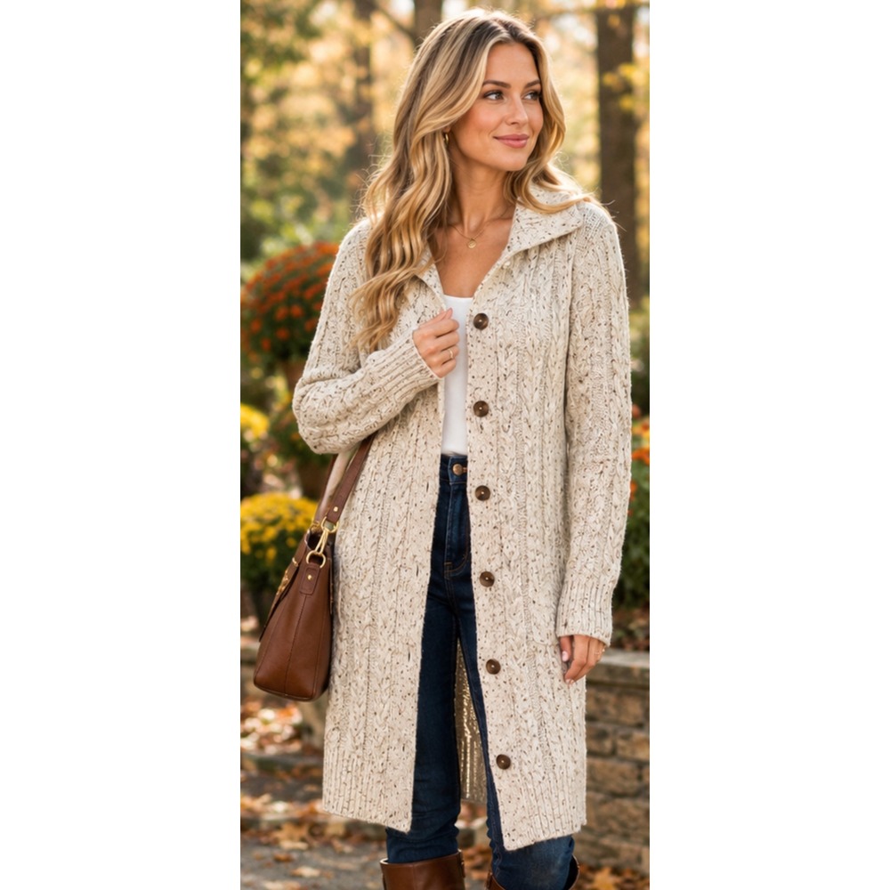 J.Jill Longline Cable Knit Cardigan Oatmeal Beige Button Front Sweater Coat L
